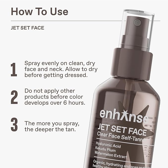 Jet Set Face Clear Self Tanner Spray for Men, Hyaluronic Acid, Hydrating Watermelon Extract, Mess & Streak Free, Anti Orange Tanning Water, 3.4 Fl Oz