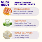 Nudy Rudy Hunny Bunny 2 Pack, Liquid Body Wash Bundle with Bonus Soap Bar, Aloe Vera and Vitamin E, Moisturizing Shower Gel and Body Wash and Bar Soap for Men and Women 16.9 fl oz and 4.2 oz