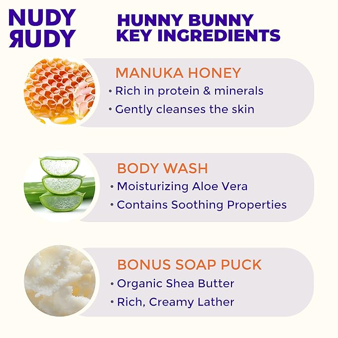 Nudy Rudy Hunny Bunny 2 Pack, Liquid Body Wash Bundle with Bonus Soap Bar, Aloe Vera and Vitamin E, Moisturizing Shower Gel and Body Wash and Bar Soap for Men and Women 16.9 fl oz and 4.2 oz