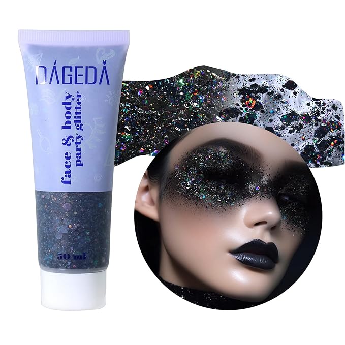 DAGEDA Body Glitter Gel, Face Glitters Body Gel Sequins Shimmer Liquid Eyeshadow, Chunky Glitter for Face Hair Nails, Holographic Cosmetic Laser Powder Festival Glitter Makeup 1.7oz (Black)