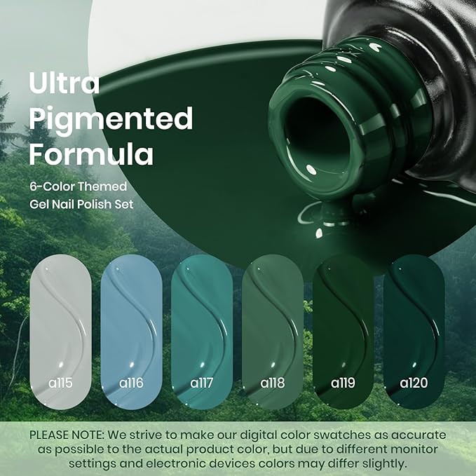 Beetles Green Gel Nail Polish Set, 6 Colors Dark Green Gray Blue Baby Blue Color Gel Nail Polish Misty Soak Off DIY Home Uv Nails Gifts for Women Girls