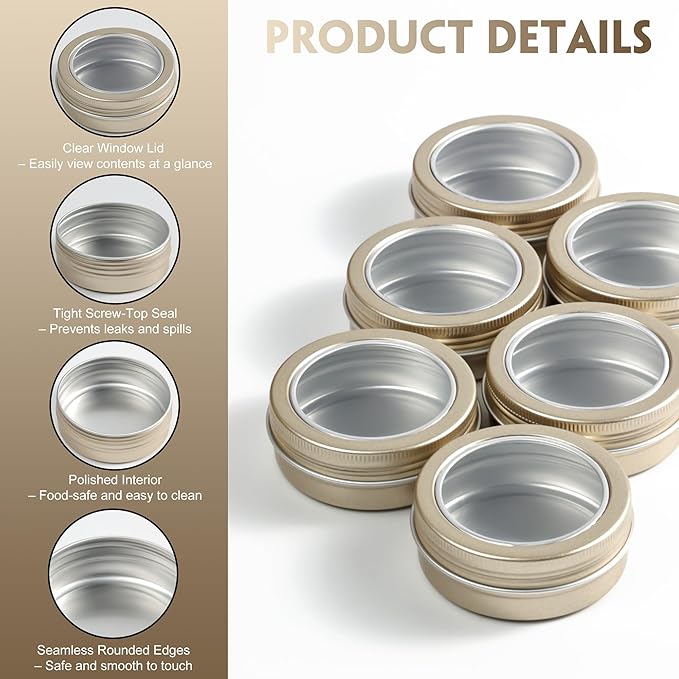 24 Pack 2 Ounce Screw Top Aluminum Tin Jar with Screw Clear Lid and Blank Labels, Refillable 60ml Metal Containers for Lip Balms, Candles, Salves, Spices, Crafts (Champagne)
