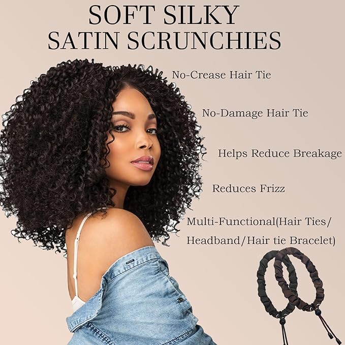 4 pcs Afro Puff Hair Tie Satin Hair Scrunchies, Black and Brown Adjustable Hair Ties, Adjustable Hair Ties for Thick Hair, Long Style No Slip Headband Afro Puff Hair Tie, Easy Use Hair Accessories