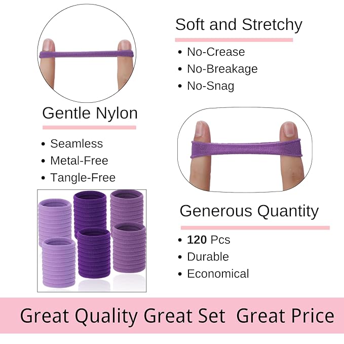 LuSeren 120 Pcs Purple Hair Ties for Women, No Damage Soft Seamless Nylon Hair Elastics for Thick Hair, Ponytail Holders, 3 Gradient Purple Hair Accessories