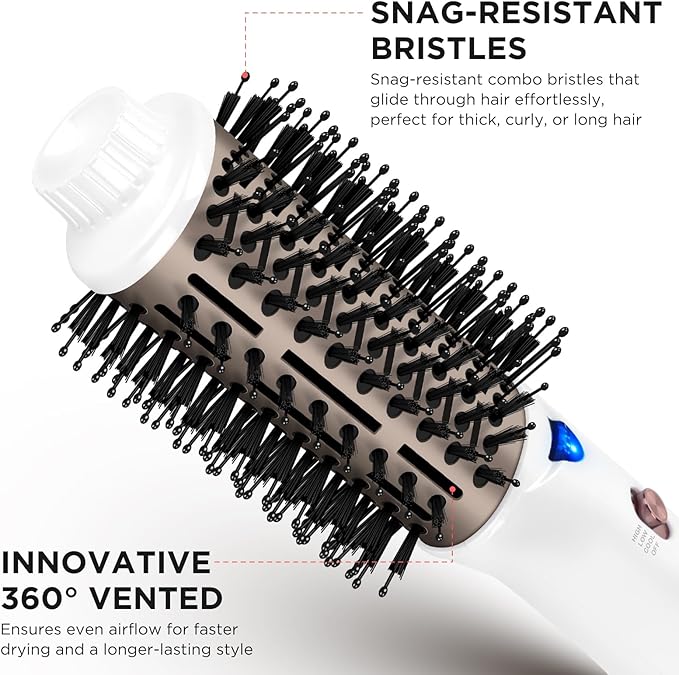 Aima Beauty Blow Dryer Brush - Ionic Ceramic Hot Air Brush for Frizz-Free Straightening & Voluminous Blowout, 2.3‘’/ 60mm Oval Barrel with Nylon Bristles, 360 Surrounded Vent, 3 Heat Settings, White
