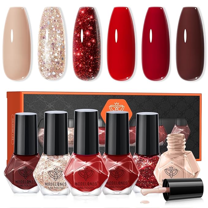 modelones Red Nail Polish Set 6 Colors, Brwon Nude Burgundy Gold Glitter New Year Quick Dry Sparkle Mini Manicure Kit DIY Nail Art Salon Home Gifts for Women Girls