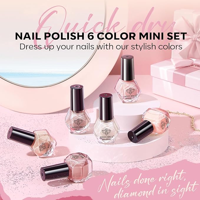 modelones Nail Polish Set, 6 Colors Natural Nude Nail Polish Bubble Bath Quick Dry Skin Tone Glitter Summer Nail Polish Kit Fingernail Polish Nail Art Salon Home Gifts For Women Girl