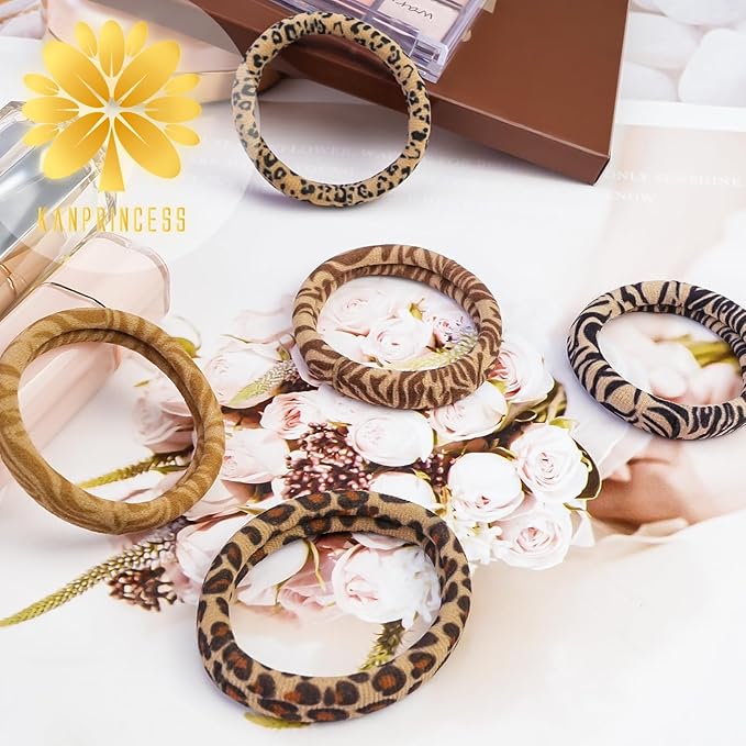 Nylon Leopard Hair Ties - No Damage,Strong Soft Cotton Tortoise Hair Bands Accessories for Thick Hair 15PCS Ponytail Holders for Woman Girls