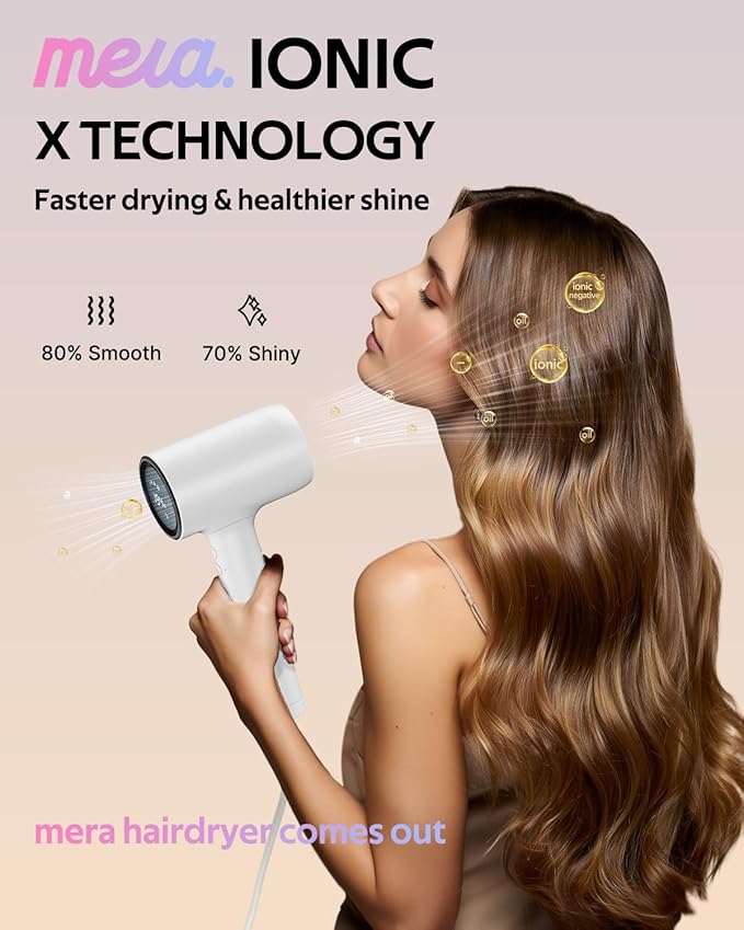 Professional Hair Dryer with Diffuser (Mera ProMax Ionic-X) - Fast Drying, Anti-Static Blowdryer Full Tool Set for Women & Stylists, 1-Button Cooling Mode, cUL Certified, Self-Cleaning, LED Screen