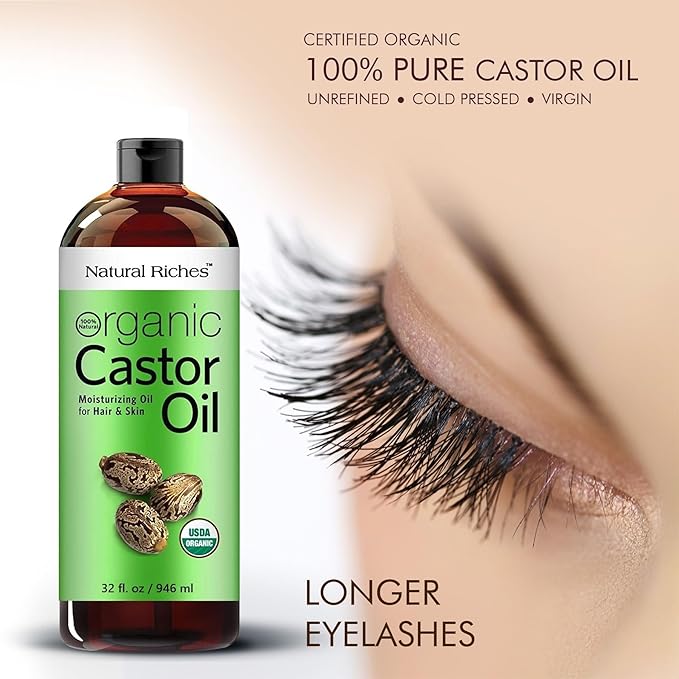 Natural Riches Organic Castor Oil - Cold Pressed, USDA Certified for Dry Skin, Hair Loss, Dandruff, Hair Growth, and Thicker Eyelashes & Eyebrows - 32 fl. oz.