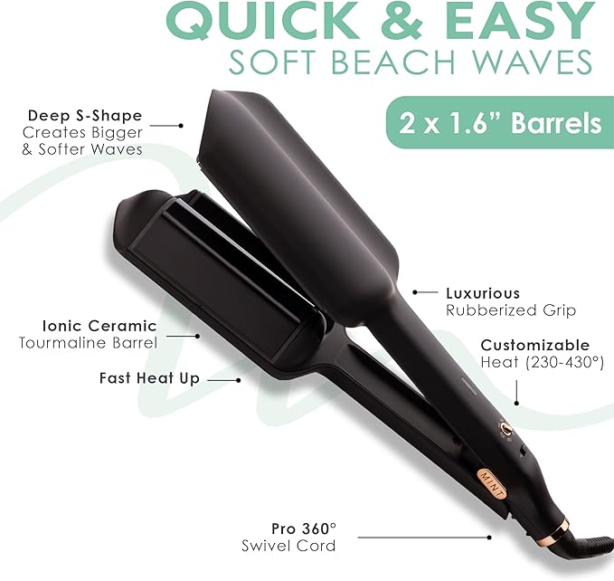 MINT Double Barrel Mermaid Hair Waver for Long Hair | Ionic Deep Waver Tool Creates Volume & Large Beach Waves | Wave Crimper Tool | Waving Iron with Adjustable Temperature