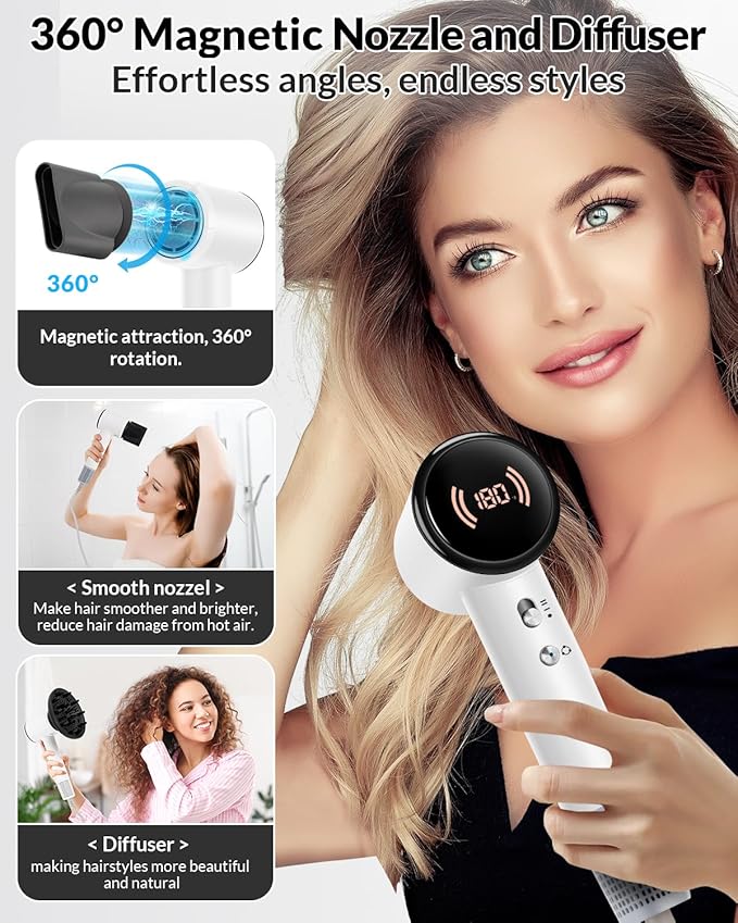 Hair Dryer,Travel Hair Dryer with Diffuser,110000 RPM High Speed Ionic Blow Dryer,Temperature Display,Low Noise&Lightweight Blow Dryer,Fast-Drying,No Heat Damage,Suitable for All Hairstyles(White)