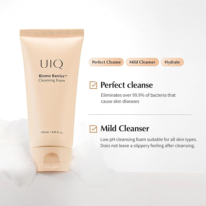UIQ Biome Barrier Cleansing Foam, Facial Cleanser, Mild Hypoallergenic formula, Face Wash, Blackhead Remover, Moisturizing facial cleanser for All Skin Types 4.05 fl.oz(120ml)