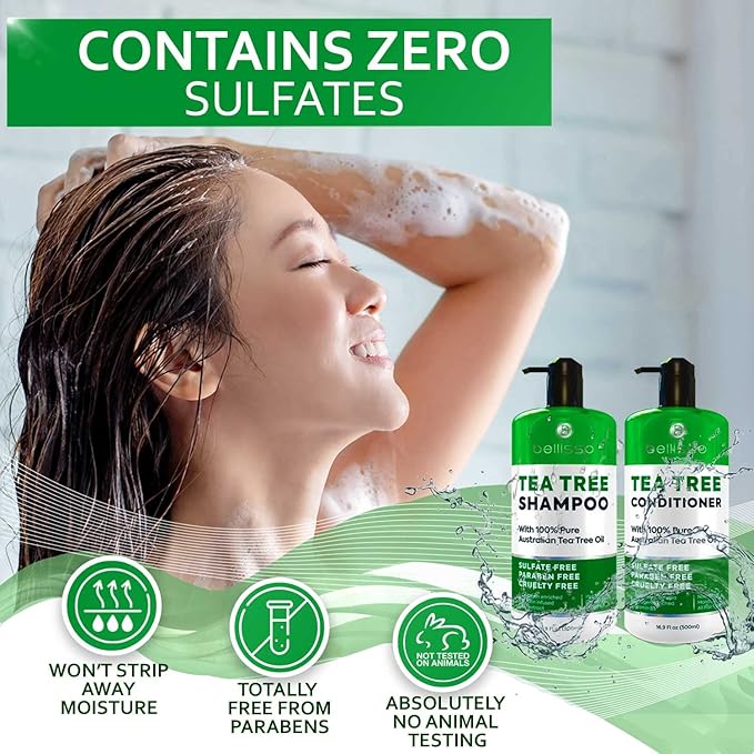 Tea Tree Shampoo and Conditioner Set – with 100% Pure Australian Tea Tree Oil - Anti Dandruff Sulfate and Paraben Free - Dry Scalp Treatment with Keratin, Vitamin B5, Collagen for Women and Men