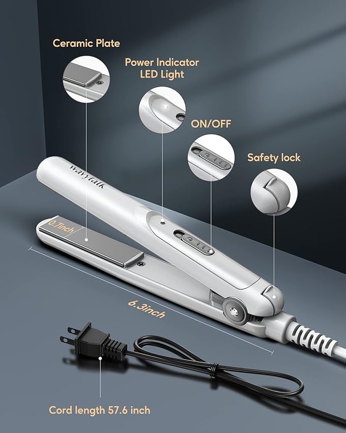 Wavytalk 0.7 Inch Ceramic Mini Hair Straightener - Small Flat Irons for Short Hair, Curls Bangs, Travel Friendly (White)