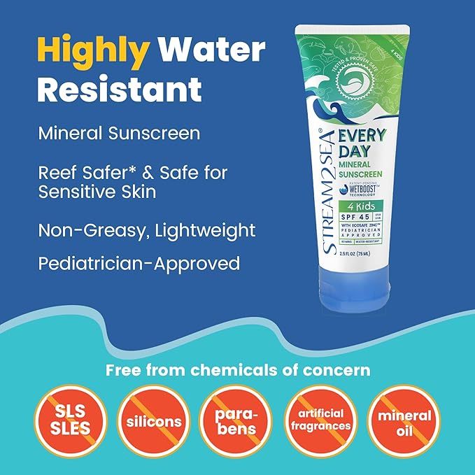SPF 45 Every Day Kids Mineral Sunscreen | 2.5 Fl Oz Biodegradable, Paraben Free & Reef Safe Sunscreen for Face & Body for Kids | Non-Greasy, Lightweight & Sheer Mineral Protection Against UVA & UVB