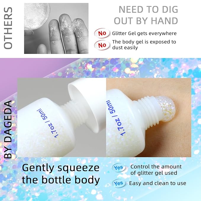 DAGEDA Body Glitter Gel, Holographic Face Glitters Body Gel Shimmer Liquid Eyeshadow, Color Changing Glitter for Face Hair Nails, Glitter Under Light Festival Glitter Makeup 1.7oz (Mystic Purple)