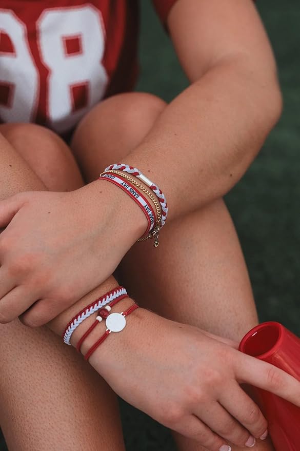 K'lani Game Day Hair Tie Bracelets – 5-Pack Stretchy No-Crease Hair Ties & Stylish Bracelets – Team Color Accessory for Hair or Wrist - Crimson & White, Large