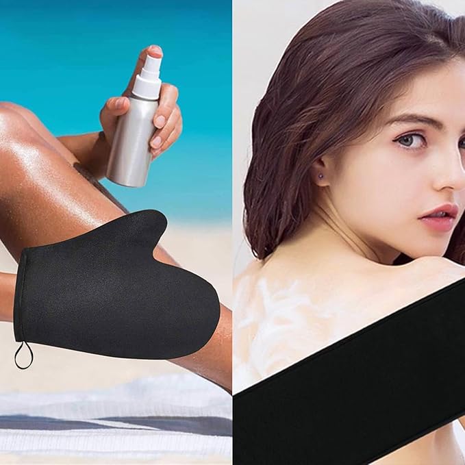 FUNAN Self Tanning Application Kit, 4-Piece Set with Back Applicator, Mini Mitt, Tanning Mitts and Ultra Soft Self Tanner Brush Bamboo Kabuki Brush, Black