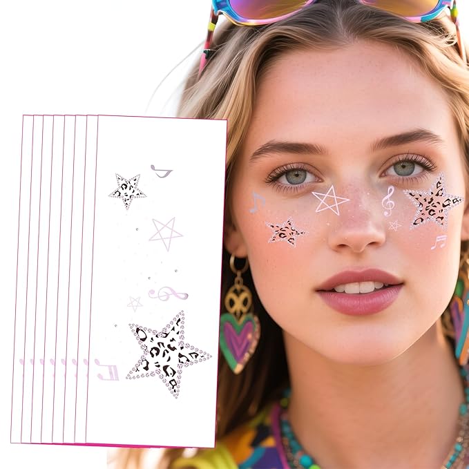 Face Glitter Freckles Tattoo, Leopard Print Star Temporary Makeup Patches, Body Glitter Sparkle Fake Freckles Stickers DIY Festival, Concert,Carnival Party,Cosmetic Glitter,Rave Accessories 8 PCS