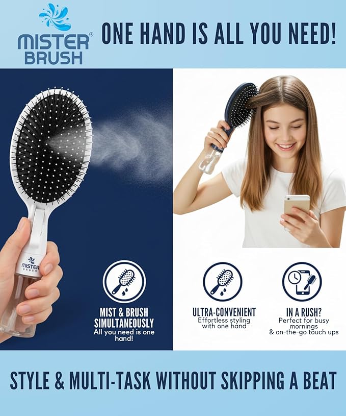 2-in-1 Hairbrush Mister – Innovative Hair Mist & Brushing Tool for Wet & Dry Hair Styling – No-Tangle Bristles, Convenient Water Reservoir, Easy-to-Use (White)