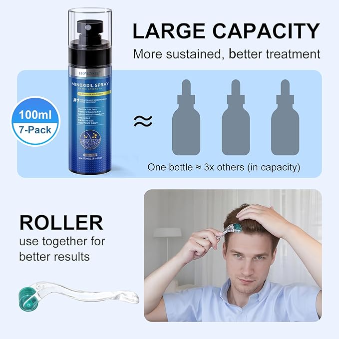 5% Minoxidil Spray for Men and Women-7 pack, Infused with Biotin, Beard Growth, Extra Strength Treatment to Combat Hair Loss and Thinning, and Fuller Hair & Beard (11 Month Supply, Extra Strength)