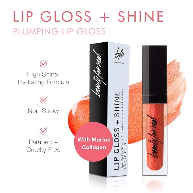 Beauty For Real Lip Gloss + Shine, Orange Rush - Bright Coral Orange - Non-Sticky Plumping & Hydrating Gloss - Light & Mirror In Cap - Contains Marine Collagen - 0.15 fl oz