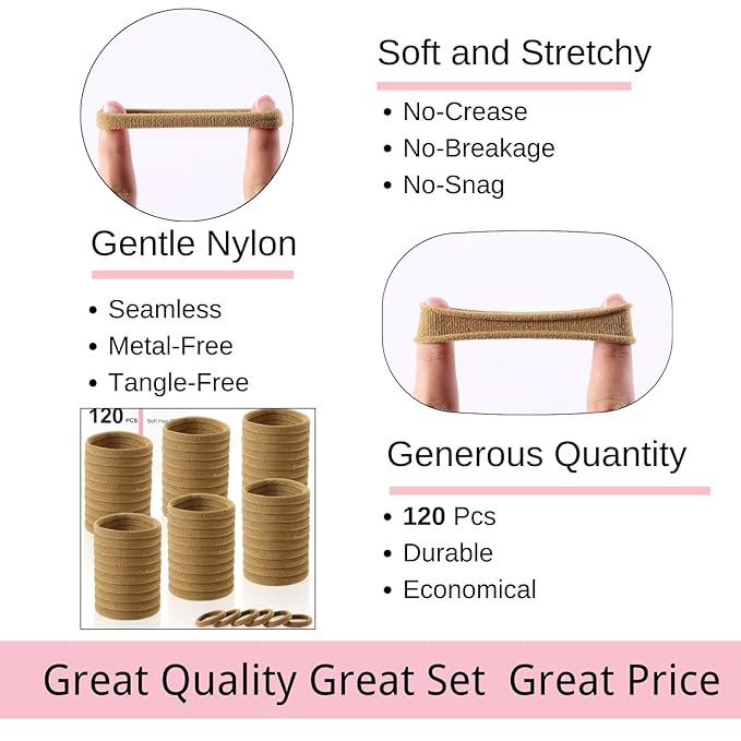 LuSeren 120 Pcs No Damage Hair Ties for Thick Hair, Large Soft Seamless Nylon Hair Elastics for Women, Ponytail Holders, Hair Accessories – Light Brown