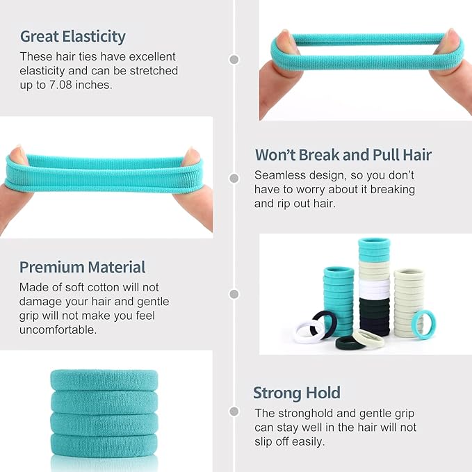 Bessrung 100 PCS Seamless Nylon Hair Ties, No Damage Elastics Hair Ties for Women Girls, Soft Stretchy Ponytail Holders for Thin Thick Hair, Snag-Free Hair Bands Christmas Gift(Gradient Blue)