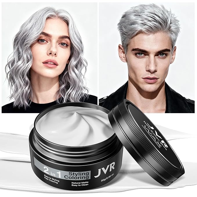 JVR Temporary Silver White Hair Color Wax for Women Men Natural Matte Color Hair Dye Wax, 2 IN1 Girl Boy Hair Styling Mud Washable Disposable Hair Style All Day Hold for Party, Cosplay
