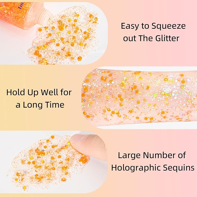 MEICOLY Orange Face Body Glitter,Sparkling Hair Face Glitter Gel,Mermaid Sequins Face Paint Glitter Autumn Makeup,Halloween Festival Rave Accessories Makeup,Party Body Glitter Gel for Women Kids,50ml