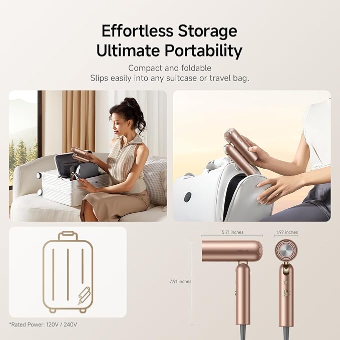 Dreame Pocket Pro Hair Dryer, Dual Voltage Travel Blow Dryer with Diffuser, 1300W Professional HighSpeed Ionic Hair Blower, Fast Drying, Low Noise, Lightweight, No Heat Damage, Global Travel 120V/240V