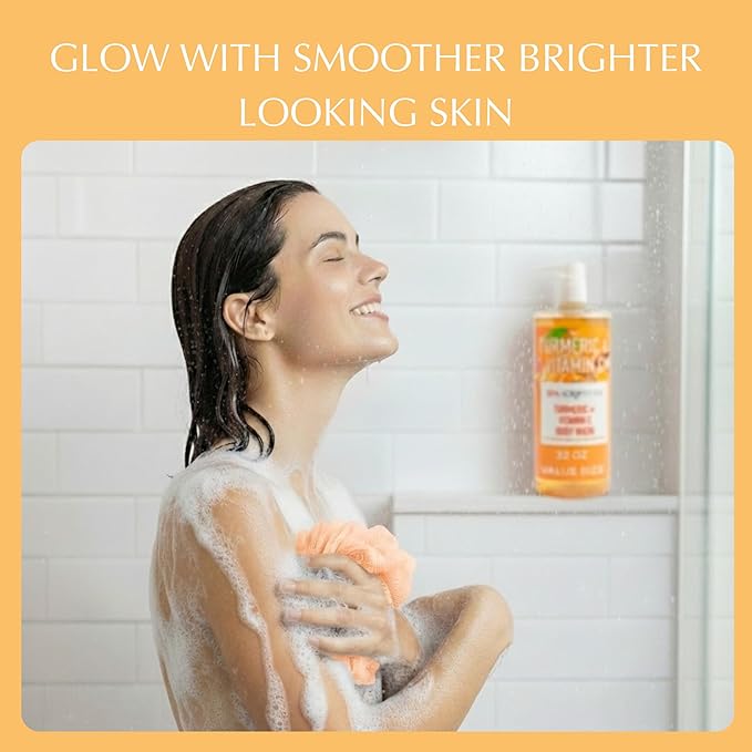 SpaScriptions Turmeric & Vitamin C Body Wash – Brightening Gentle Exfoliation Shower Gel Scrub for Men & Women with Brown Sugar & Hyaluronic Acid for Radiant Glowing Skin, Scented, Paraben Free, 32oz