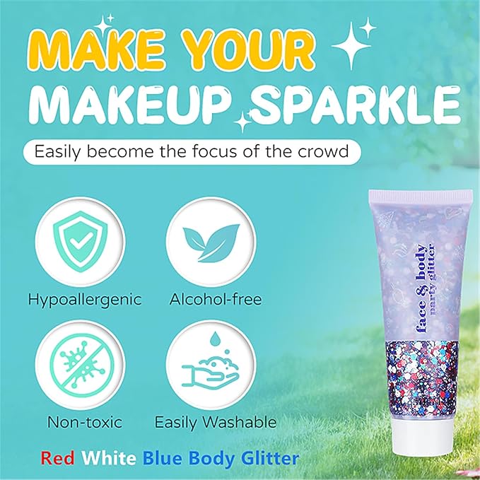 Go Ho Red White and Blue Body Glitter,Patriotic Pride Face Glitter Gel,4th of July Outfits for Women Reflective Glitters Makeup,Holographic Long Lasting Chunky Sequins,Fourth of July USA Accessories