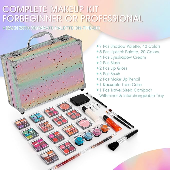 Makeup Kit for Teenager & Women Full Kit, All in One Makeup Set With The Small Cosmetic Train Case, Professional Makeup Kit, Makeup Gift Set for Women Girls (Set A)