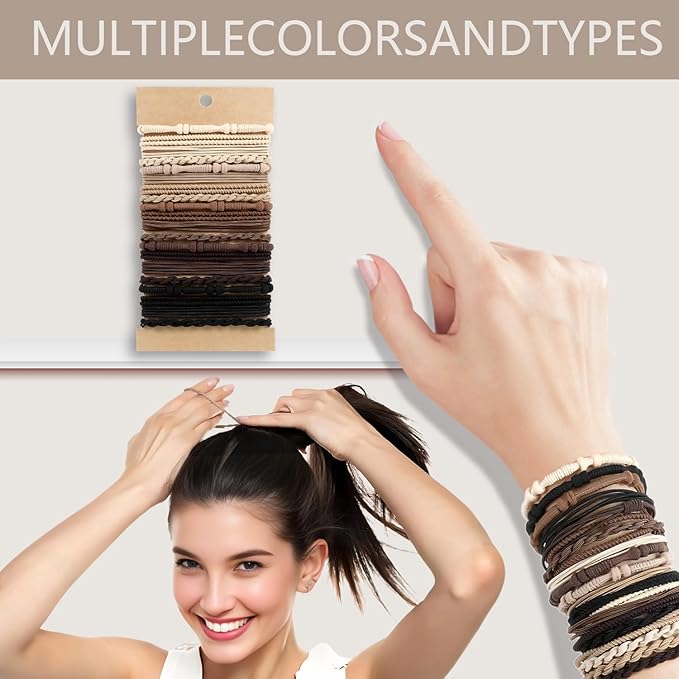 Hair Ties for girls 5 styles Hair Elastics(15 No Damage Hair Ties 50 High Elastic Ties 15 Ponytail Holders 12 Satin Scrunchies 20 Boho hair Bands)Pain-free No Crease multiple colors for all hair types