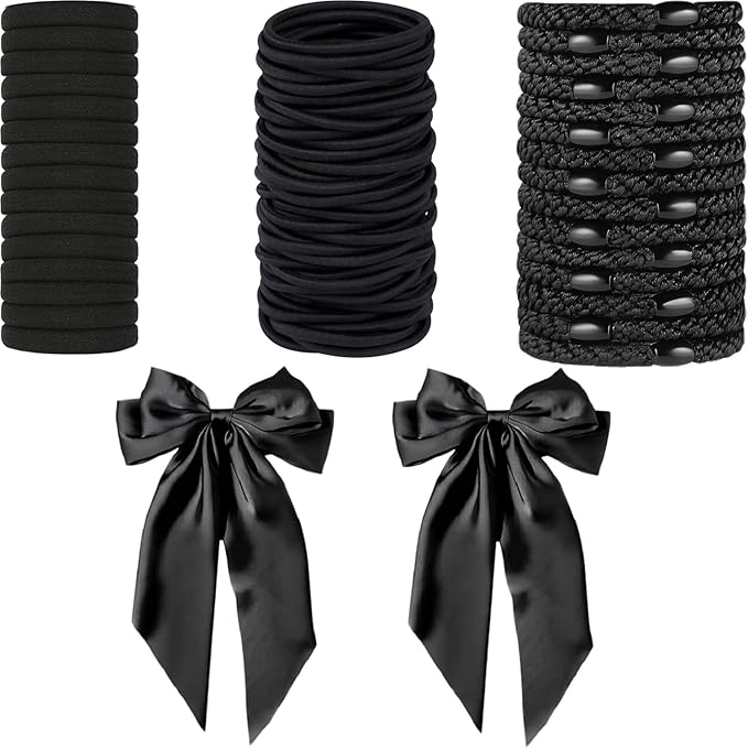 Hair Ties for women 5 styles Hair Elastics(15 No Damage Hair Ties 50 High Elastic Ties 15 Ponytail Holders 2 Big Bow Hair Clips 20Snap Hair Clips)Pain-free No Crease multiple colors for all hair types