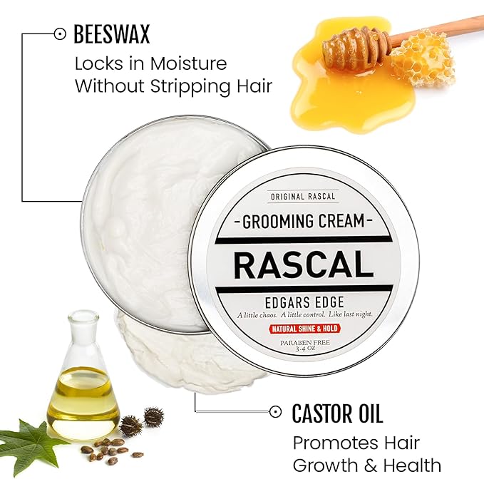Rascal Original Edgar's Edge Grooming Cream - Hair Cream for Men with Medium Hold & Natural Shine, Mens Hair Conditioning & Styling Solution for All Hair Types, Made with Beeswax & Castor Oil - 3.4 Oz