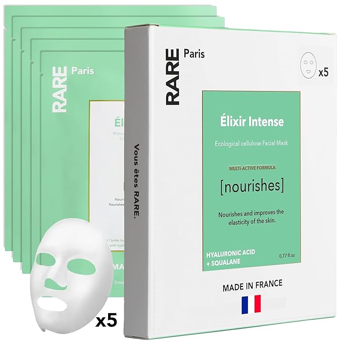 RARE Paris - Élixir Intense - Nourishing Facial Sheet Mask - Hydrating & Brightening - With Hyaluronic Acid & Squalene - Nourishing, Firming & Revitalizing - Multi-Active Serum Formula - 5 Pack
