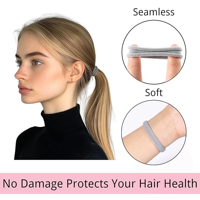 LuSeren 120 Pcs No Damage Hair Ties for Thick Hair, Large Soft Seamless Nylon Hair Elastics for Women, Ponytail Holders, Hair Accessories – Light Grey and Grey Color