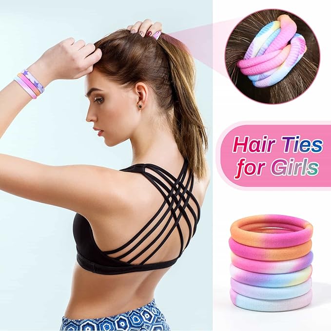 54Pcs Hair Ties for Girls and Women, Nylon Hair Elastics Hair Bands Ponytail Holders Soft Hair Ties No Damage for Girls Thick Straight Curly Hair Multi-colored