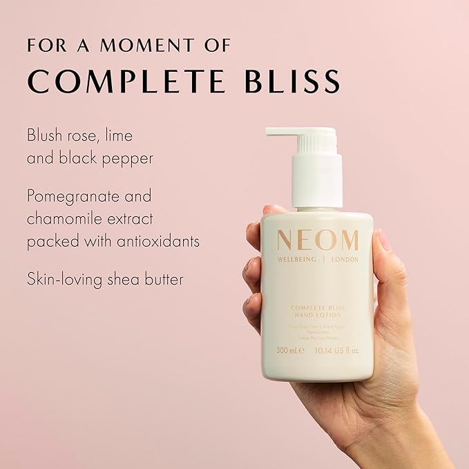 Neom Complete Bliss Hand Lotion, 300ml | Rose, Lime & Black Pepper I 19 Essential Oils I 100% Natural Fragrances I 100% Recyclable Bottle I Calming I Nourishing