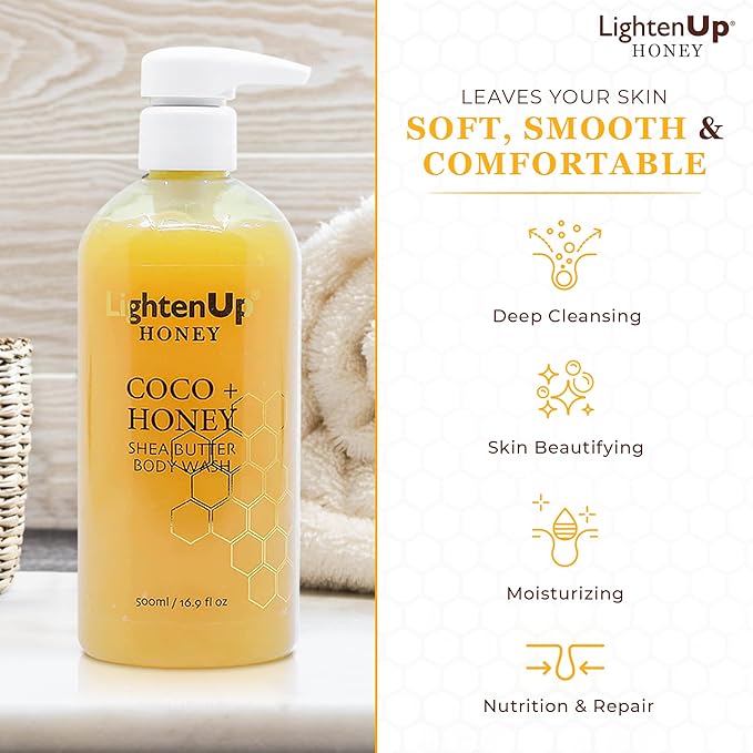 OMIC Lighten-Up LightenUp Honey Body Wash - 16.9 Fl oz / 500 ml - Natural Shower Gel, Cruelty Free, Premium Honey Extract, with Shea Butter