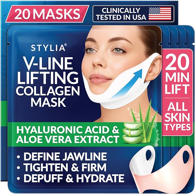 STYLIA V Line Lifting Collagen Face Mask - Lift, Firm & Contour Jawline - Double Chin Strap with Hyaluronic Acid & Aloe Vera - Hydrating Neck & Face Tightening Mask - Chin Strap for Sleeping - 20PC