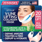 STYLIA V Line Lifting Collagen Face Mask - Lift, Firm & Contour Jawline - Double Chin Strap with Hyaluronic Acid & Aloe Vera - Hydrating Neck & Face Tightening Mask - Chin Strap for Sleeping - 20PC