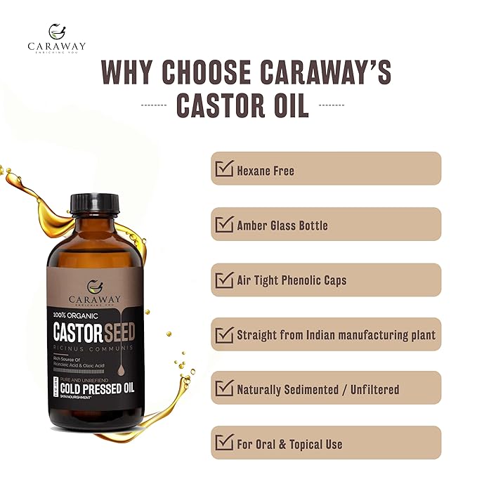 CARAWAY Cold Pressed Pure Castor Oil – Indian Handmade | Therapeutic Grade | Edible | For Liver Detox, Hair Growth, Eyelashes, Skin, Constipation & Joint Pain | Glass Bottle – 236ml