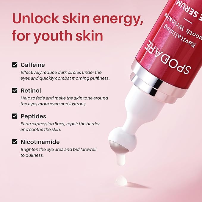 Caffeine & Retinol Eye Serum for Dark Circles, Puffiness and Wrinkles, Under Eye Cream with Hyaluronic Acid, Niacinamide & Peptides, Roller Serum with 360°Massage Ball - 0.5 fl. oz