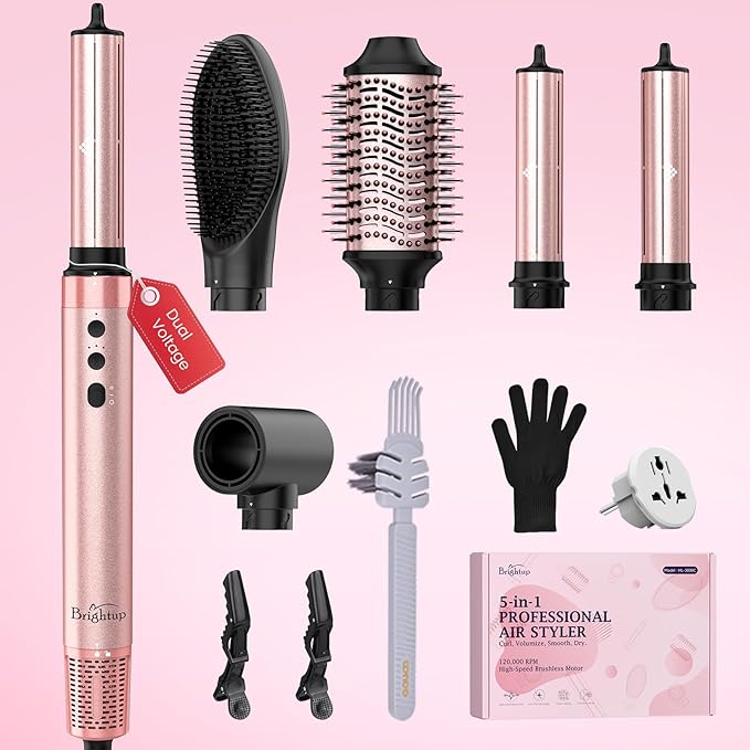 Brightup Dual Voltage Hair Styler - 5 in 1 High Speed Hot Air Styler 1400W Blow Dryer Brush, Negative Ions, Cool Shot Button, Curler, Volumizer, Straighter, No Heat Damage, with Travel Bag
