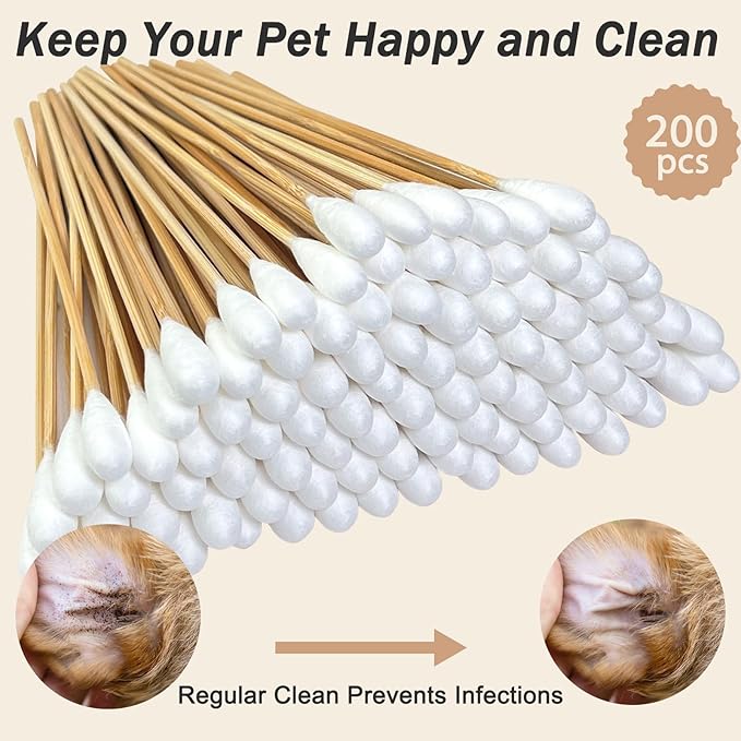 200 Pcs Large Cotton Swabs for Pet Care, 6 Inch Long Cotton Swabs with Bamboo Handle, Professional Dog Ear Swabs, Absorbency Big Cotton Tips, Pet Cleaning Solution Supplies