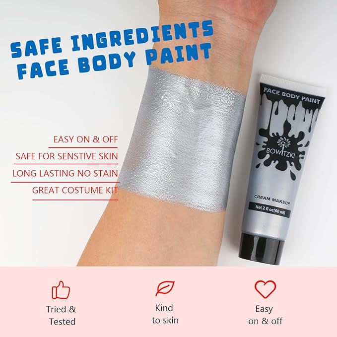 Bowitzki Face and Body Paint 2oz Cream Makeup 60ml Water Based Face Painting Special Effects For Adults Children Kids Halloween Christmas Party Stage Cosplay (Silver)